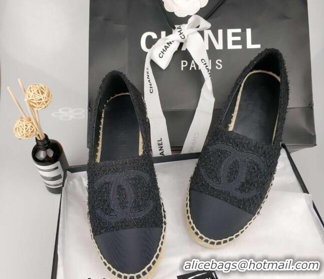 Top Grade Chanel Tweed & Grosgrain Espadrilles Flat Black 815121