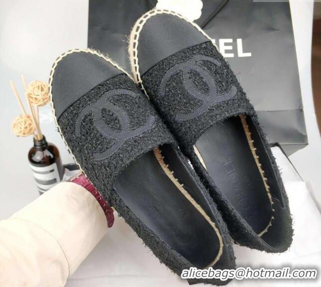 Top Grade Chanel Tweed & Grosgrain Espadrilles Flat Black 815121