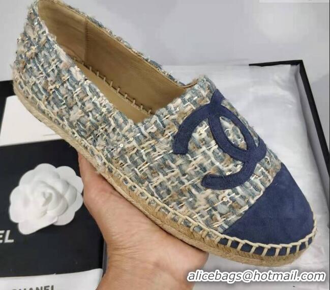 Good Quality Chanel Tweed & Suede Espadrilles Flat Blue 815122