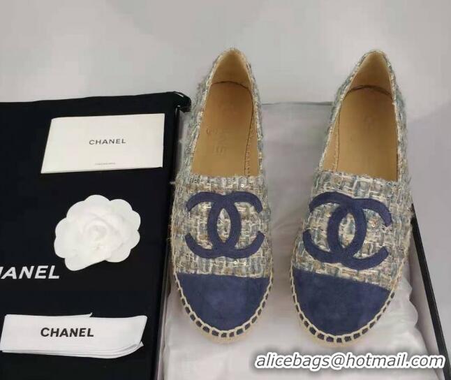 Good Quality Chanel Tweed & Suede Espadrilles Flat Blue 815122