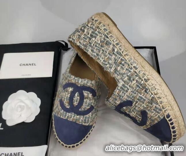 Good Quality Chanel Tweed & Suede Espadrilles Flat Blue 815122