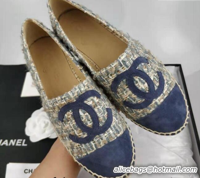 Good Quality Chanel Tweed & Suede Espadrilles Flat Blue 815122