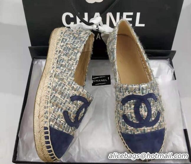 Good Quality Chanel Tweed & Suede Espadrilles Flat Blue 815122