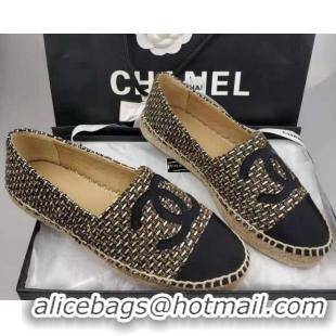 Classic Hot Chanel Tweed & Grosgrain Espadrilles Flat Gold/Black 815123