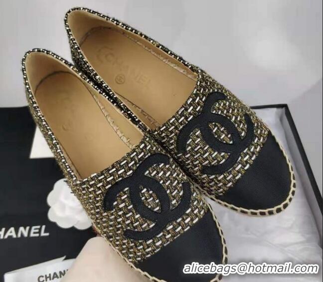 Classic Hot Chanel Tweed & Grosgrain Espadrilles Flat Gold/Black 815123