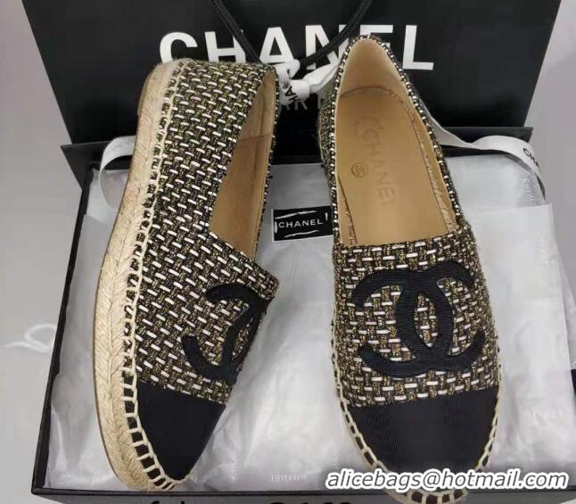 Classic Hot Chanel Tweed & Grosgrain Espadrilles Flat Gold/Black 815123