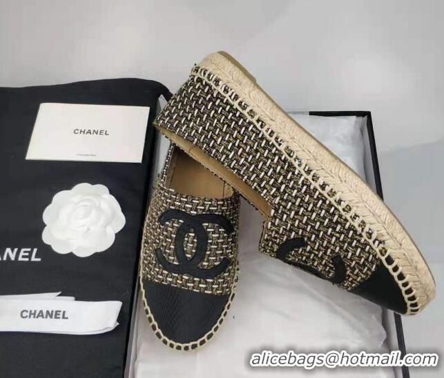 Classic Hot Chanel Tweed & Grosgrain Espadrilles Flat Gold/Black 815123