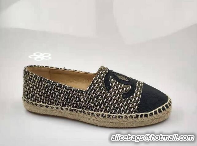 Classic Hot Chanel Tweed & Grosgrain Espadrilles Flat Gold/Black 815123