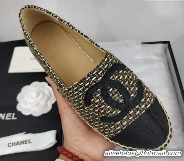 Classic Hot Chanel Tweed & Grosgrain Espadrilles Flat Gold/Black 815123