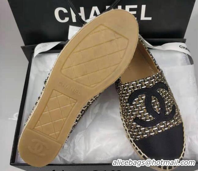 Classic Hot Chanel Tweed & Grosgrain Espadrilles Flat Gold/Black 815123