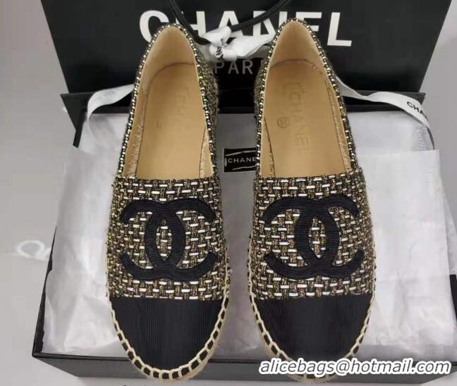 Classic Hot Chanel Tweed & Grosgrain Espadrilles Flat Gold/Black 815123