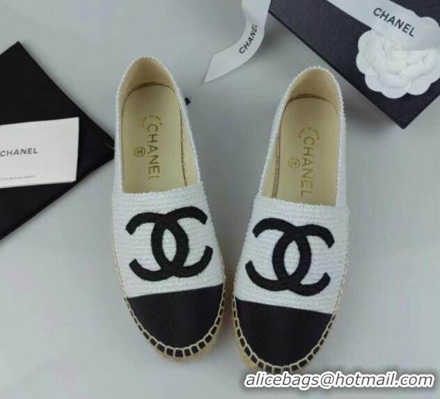 Top Design Chanel Tweed & Grosgrain Espadrilles Flat White/Black 815124