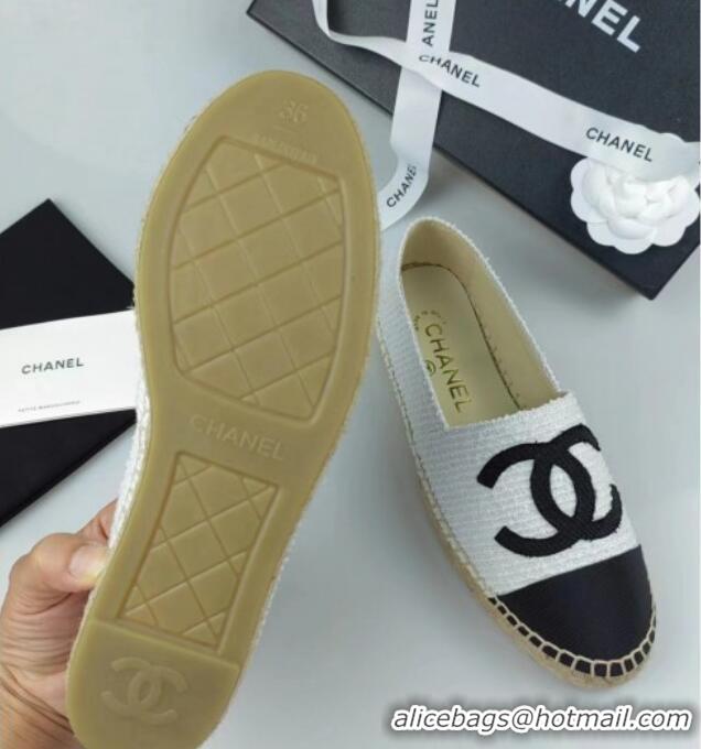 Top Design Chanel Tweed & Grosgrain Espadrilles Flat White/Black 815124