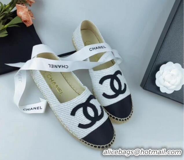 Top Design Chanel Tweed & Grosgrain Espadrilles Flat White/Black 815124