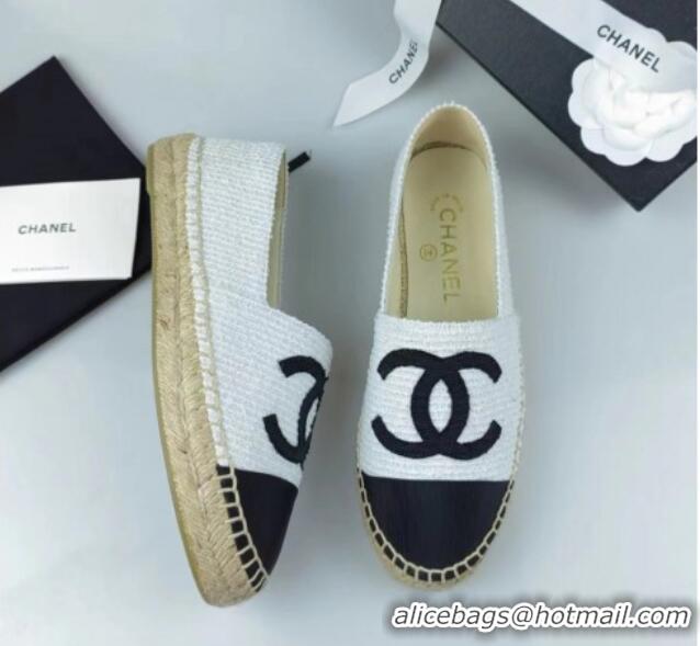 Top Design Chanel Tweed & Grosgrain Espadrilles Flat White/Black 815124