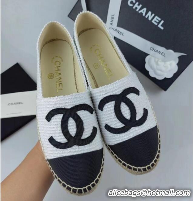 Top Design Chanel Tweed & Grosgrain Espadrilles Flat White/Black 815124