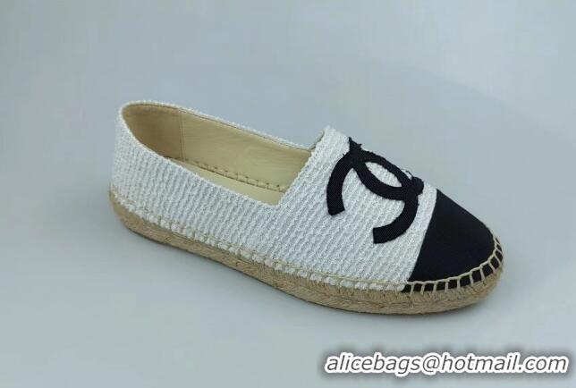 Top Design Chanel Tweed & Grosgrain Espadrilles Flat White/Black 815124