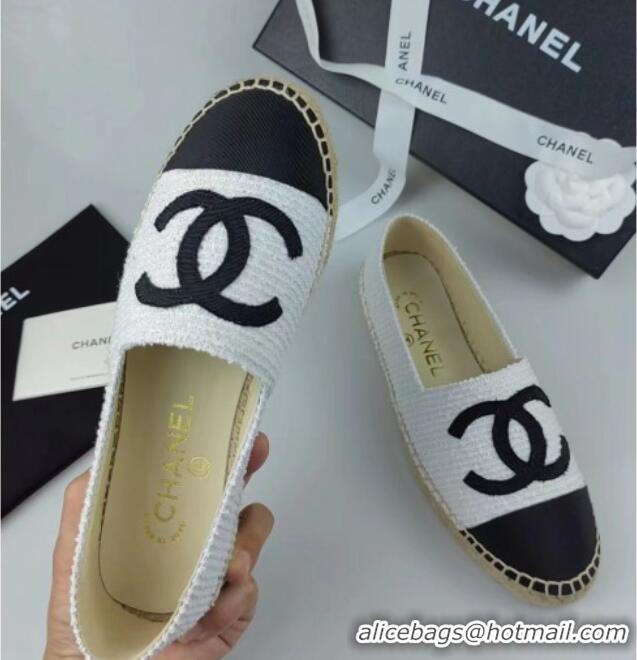 Top Design Chanel Tweed & Grosgrain Espadrilles Flat White/Black 815124