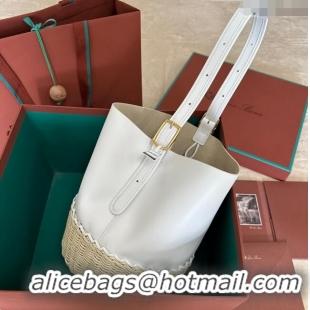 Top Quality Loro Piana Cedar Bucket bag in Supple Calfskin and Wicker L6135 White 2024