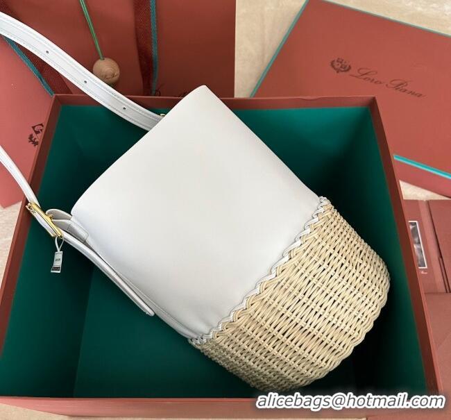 Top Quality Loro Piana Cedar Bucket bag in Supple Calfskin and Wicker L6135 White 2024