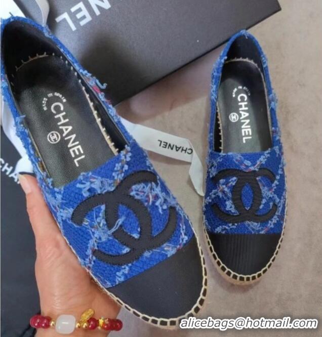 Sophisticated Chanel Tweed & Grosgrain Espadrilles Flat Blue 815125