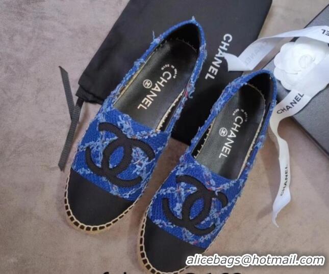 Sophisticated Chanel Tweed & Grosgrain Espadrilles Flat Blue 815125