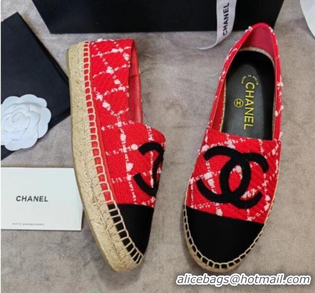 Hot Style Chanel Tweed & Grosgrain Espadrilles Flat Red 815126