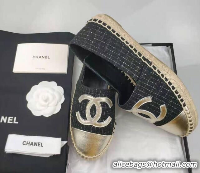 Purchase Chanel Tweed & Lambskin Espadrilles Flat Black/Gold 815128