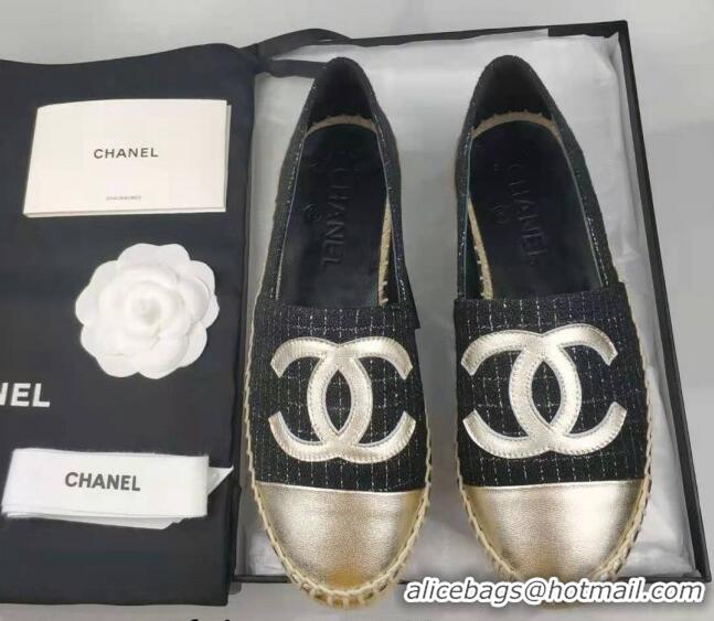 Purchase Chanel Tweed & Lambskin Espadrilles Flat Black/Gold 815128