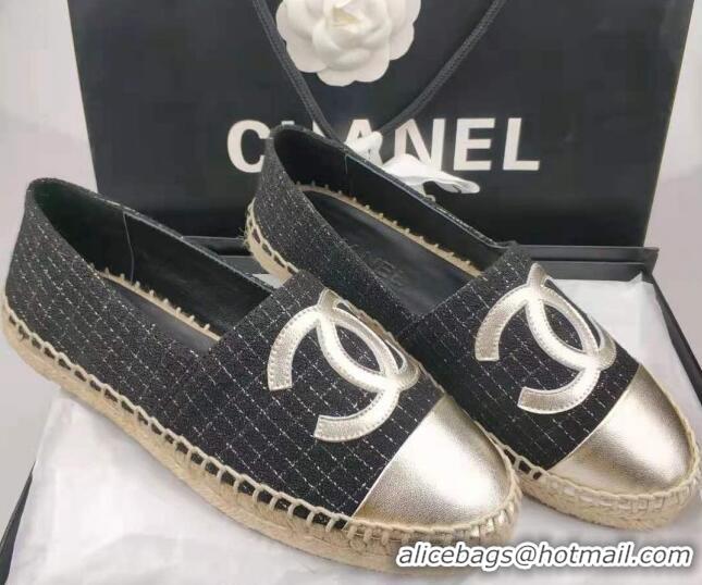 Purchase Chanel Tweed & Lambskin Espadrilles Flat Black/Gold 815128