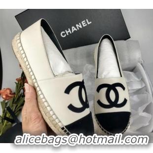 Unique Style Chanel Lambskin & Fabric Espadrilles Flat White/Black 815131