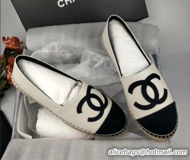 Unique Style Chanel Lambskin & Fabric Espadrilles Flat White/Black 815131