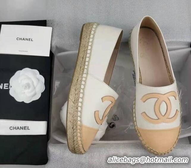 Top Grade Chanel Lambskin Espadrilles Flat White/Apricot 815135