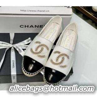 Pretty Style Chanel Knit & Calfskin Espadrilles Flat White 816001