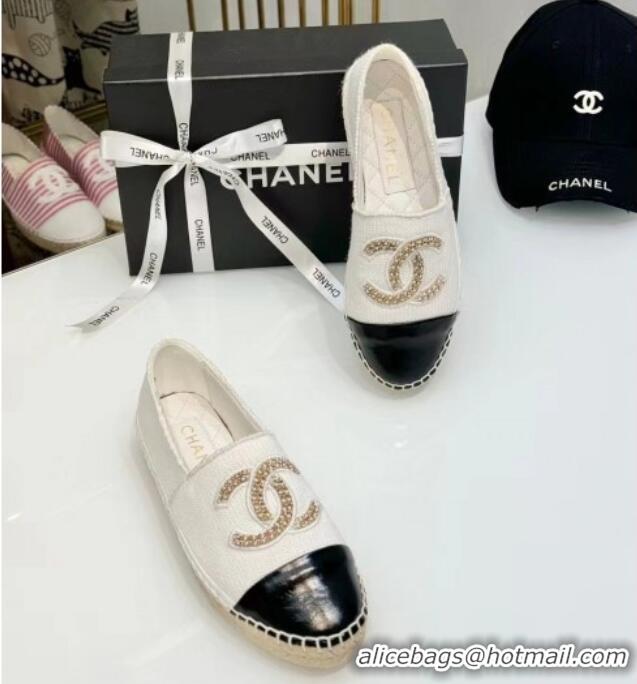 Pretty Style Chanel Knit & Calfskin Espadrilles Flat White 816001