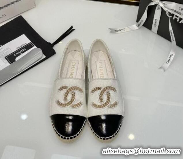 Pretty Style Chanel Knit & Calfskin Espadrilles Flat White 816001