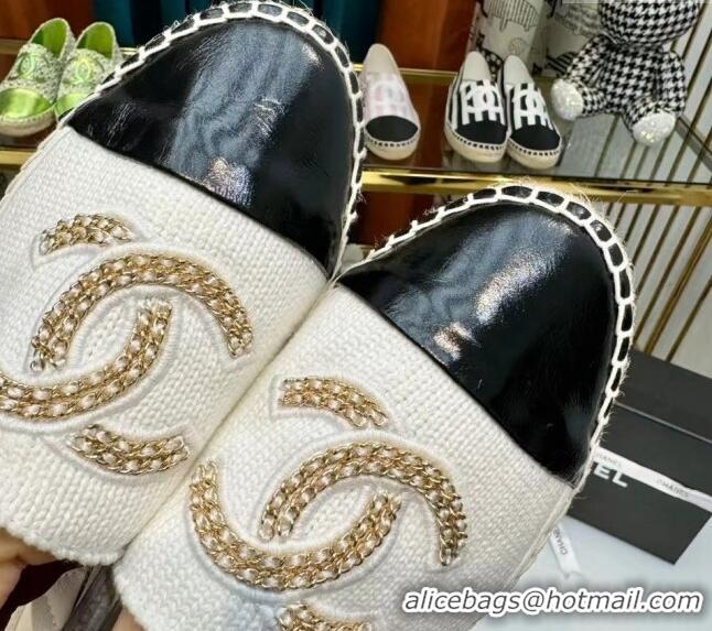 Pretty Style Chanel Knit & Calfskin Espadrilles Flat White 816001