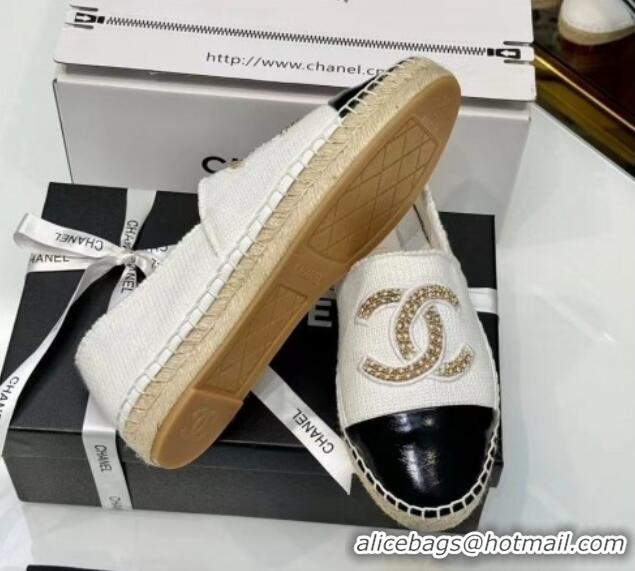 Pretty Style Chanel Knit & Calfskin Espadrilles Flat White 816001