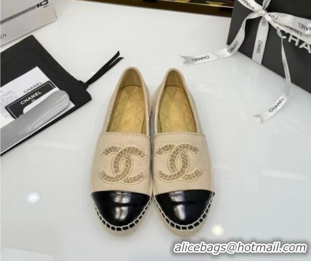 Best Grade Chanel Knit & Calfskin Espadrilles Flat Beige 816002