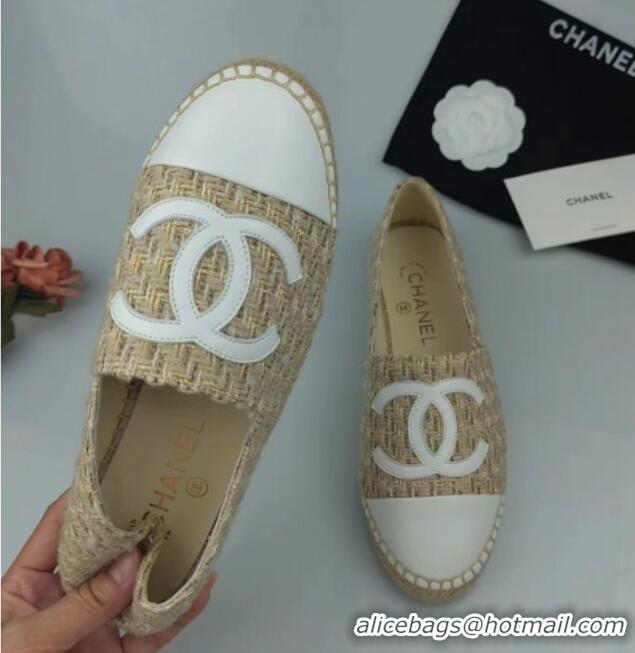 Low Cost Chanel Tweed & Lambskin Espadrilles Flat Beige/White 816005