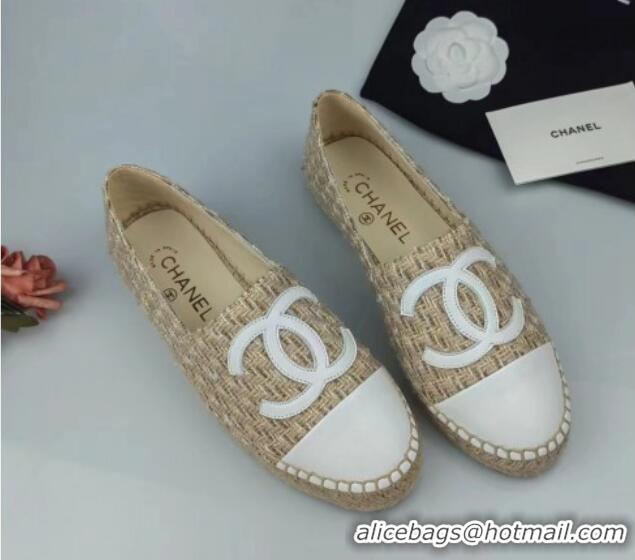 Low Cost Chanel Tweed & Lambskin Espadrilles Flat Beige/White 816005