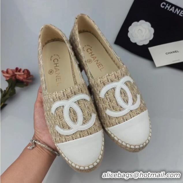 Low Cost Chanel Tweed & Lambskin Espadrilles Flat Beige/White 816005