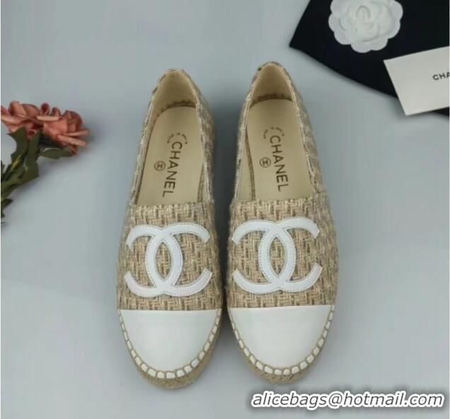 Low Cost Chanel Tweed & Lambskin Espadrilles Flat Beige/White 816005