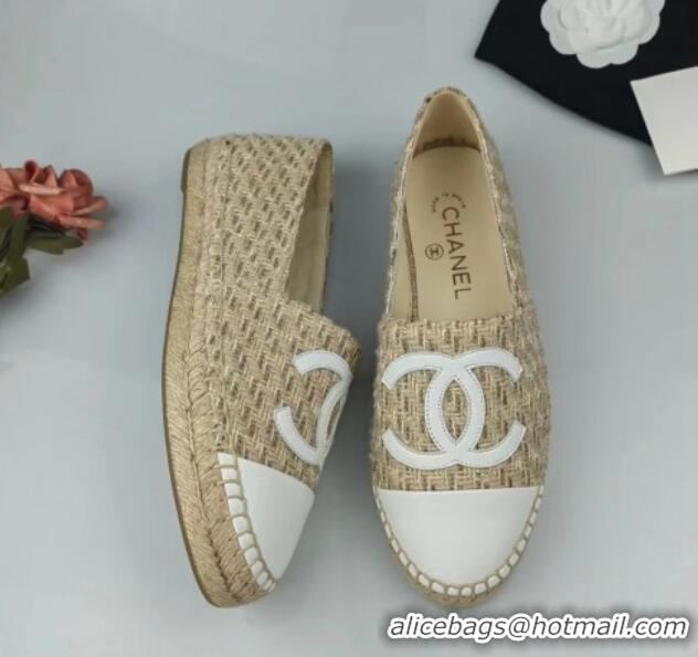 Low Cost Chanel Tweed & Lambskin Espadrilles Flat Beige/White 816005