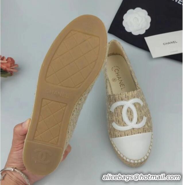 Low Cost Chanel Tweed & Lambskin Espadrilles Flat Beige/White 816005