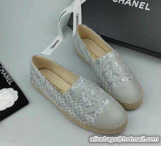 Durable Chanel Tweed, Sequins and Lambskin Espadrilles Flat Grey 816006