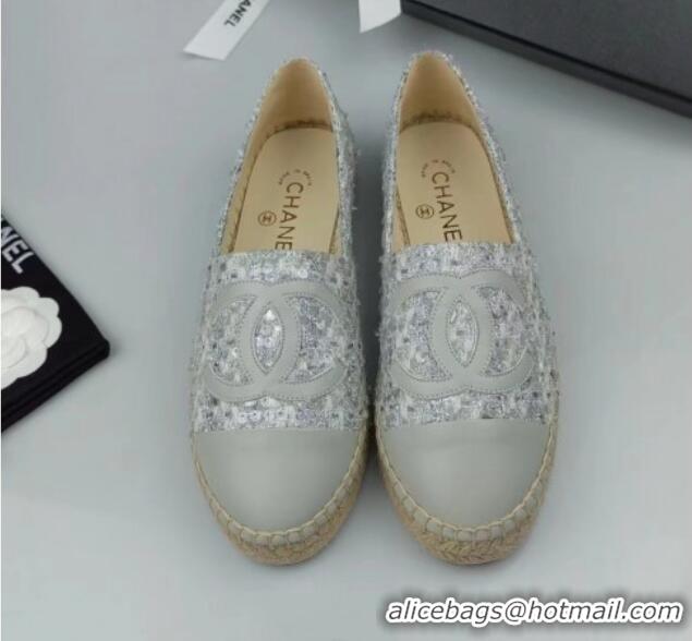 Durable Chanel Tweed, Sequins and Lambskin Espadrilles Flat Grey 816006