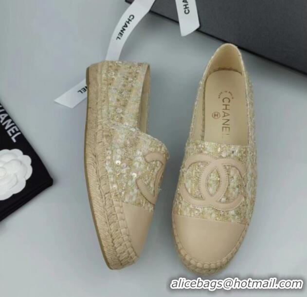 Luxurious Chanel Tweed, Sequins and Lambskin Espadrilles Flat Beige 816007