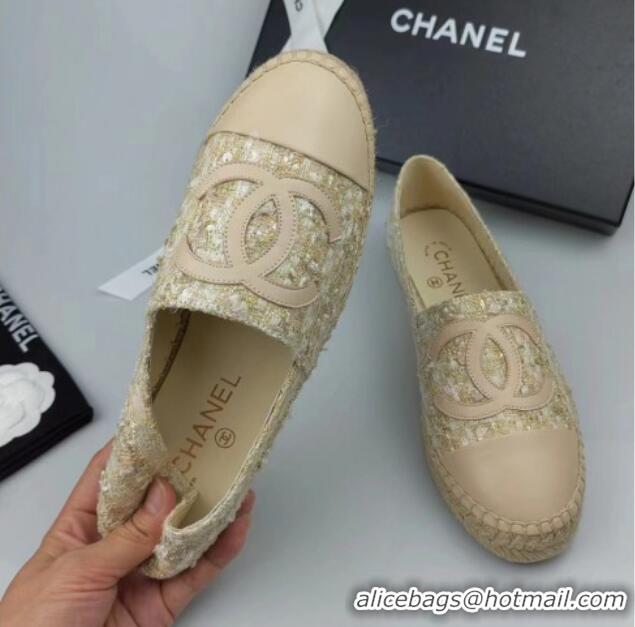 Luxurious Chanel Tweed, Sequins and Lambskin Espadrilles Flat Beige 816007