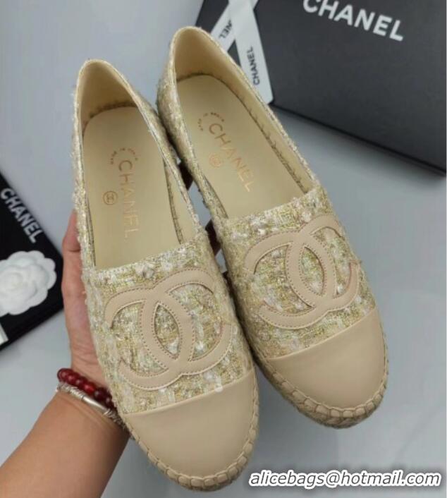 Luxurious Chanel Tweed, Sequins and Lambskin Espadrilles Flat Beige 816007